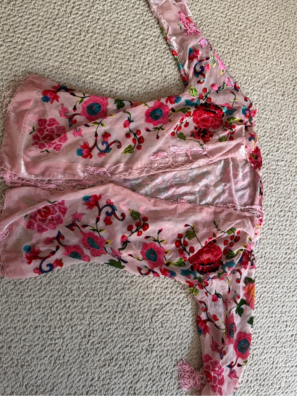 Women's Pink Floral Embroidered Sheer Top kimono silk